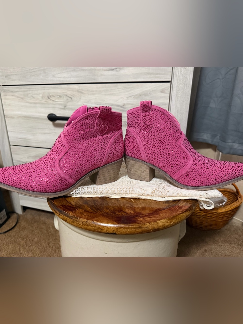 Pink Rhinestone Western Ankle Boots for Women